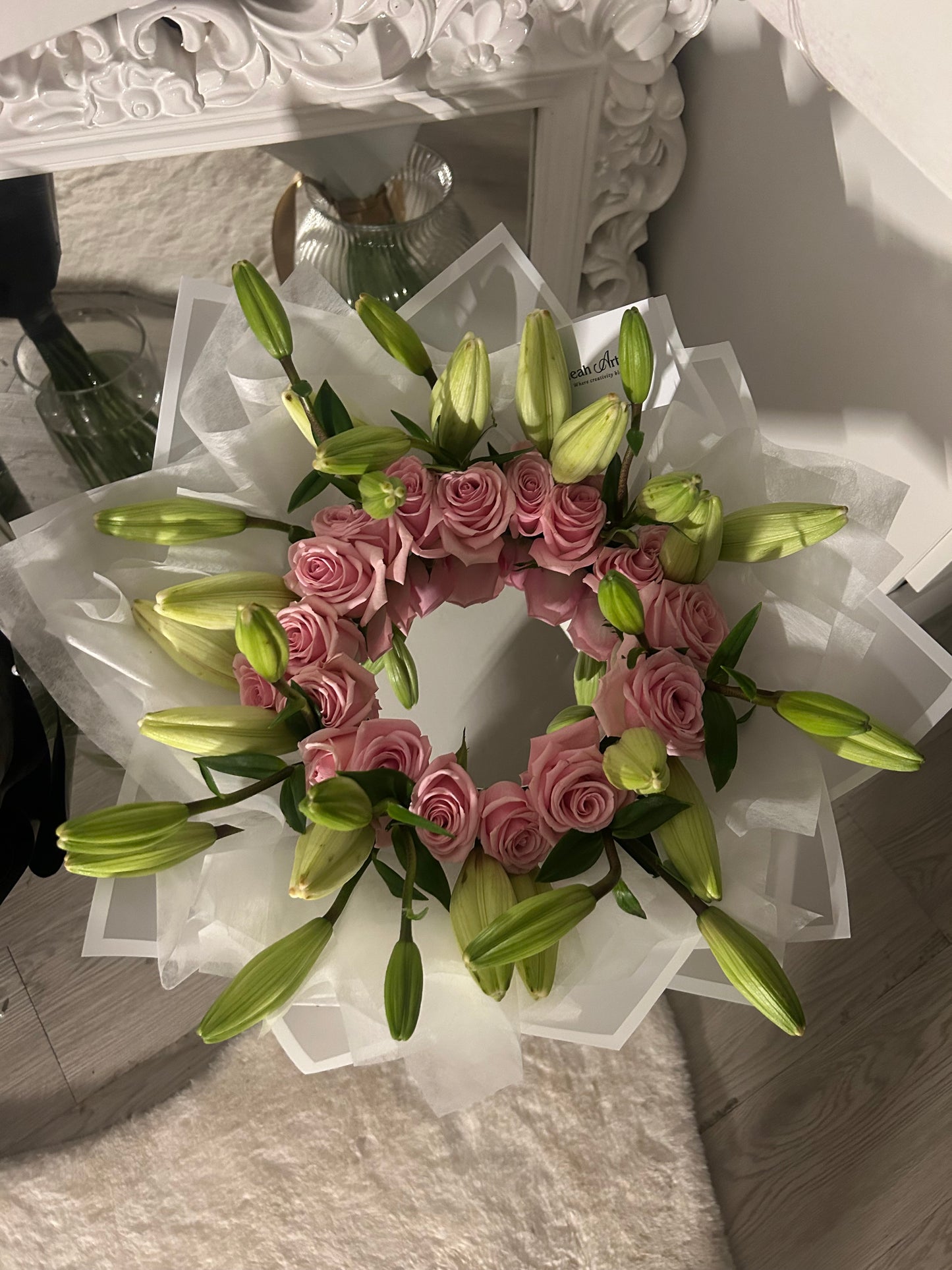 Pink Rose & White Lily Mirror Bouquet